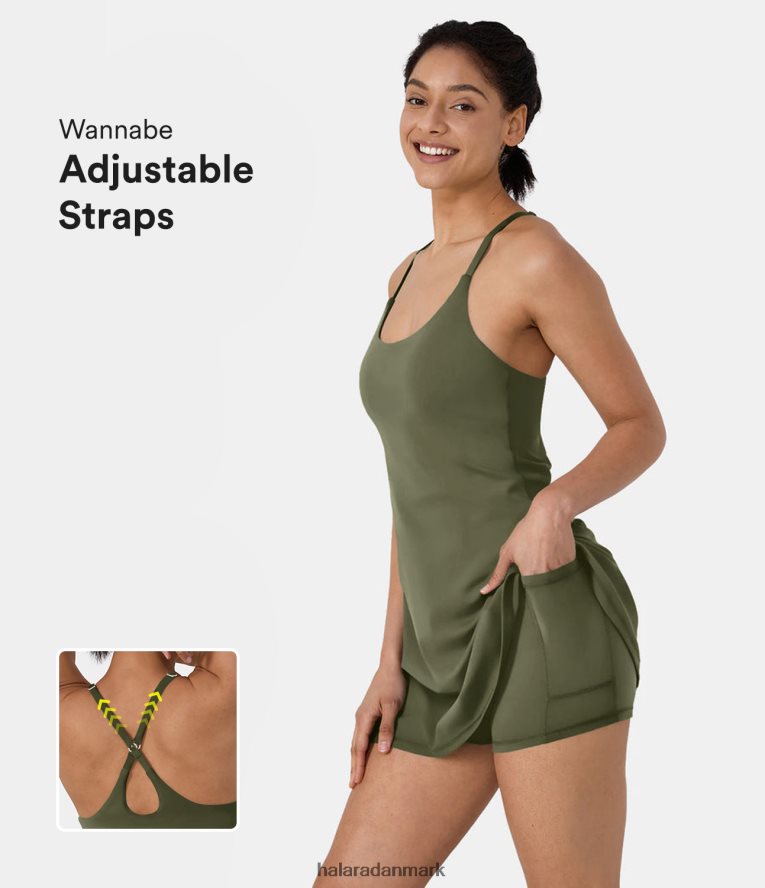 aktivt tøj dk Halara Kvinder softlyzero plys justerbare stropper rygløse på kryds og tværs 2-i-1 lomme flare slip yoga aktiv kjole græs grågrøn TH606J821