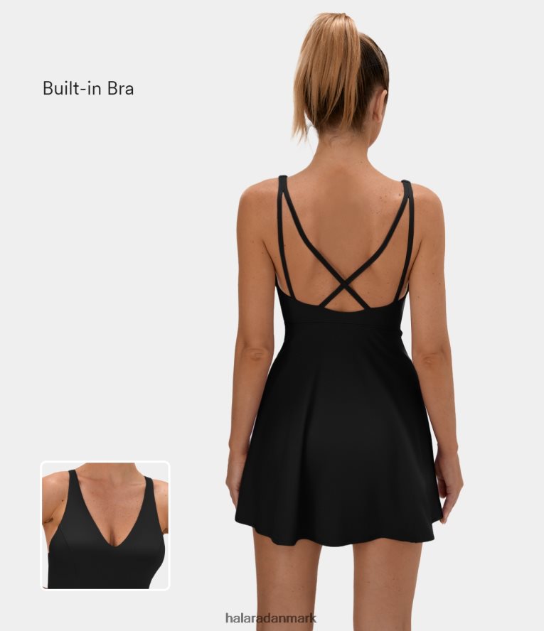 aktivt tøj dk Halara Kvinder softlyzero plys, rygløs på kryds og tværs 2-delt lommedans aktiv kjole sort TH606J780
