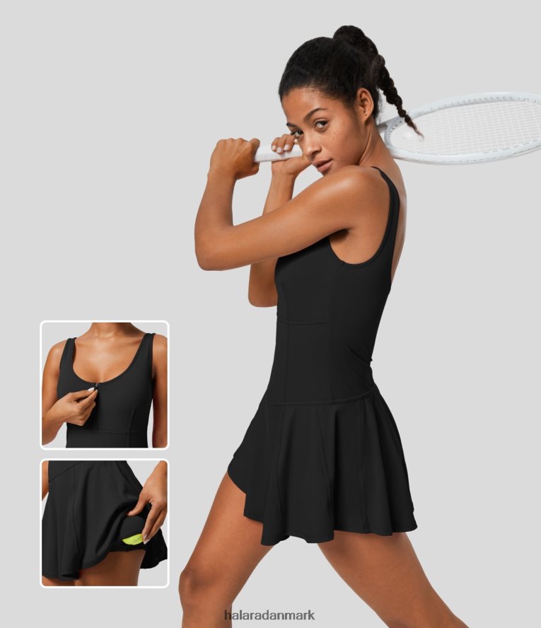 aktivt tøj dk Halara Kvinder u-hals halv lynlås rygløs 2-i-1 sidelomme micro mini quick dry tennis aktiv kjole sort TH606J930