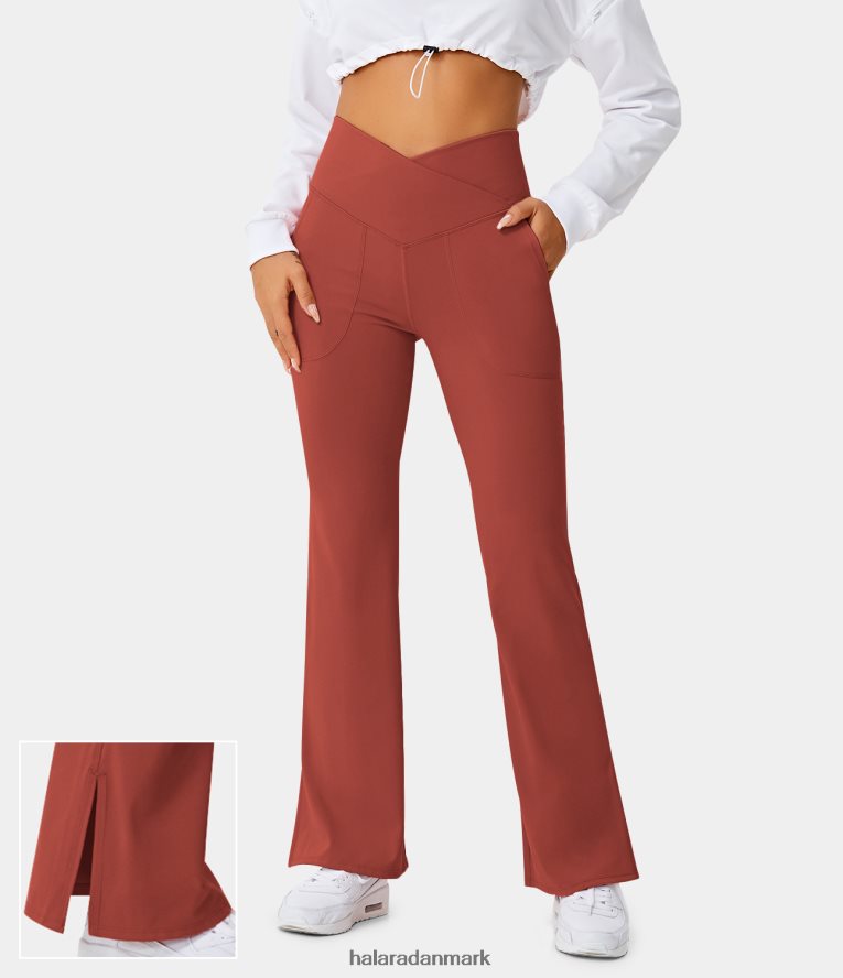 aktivt tøj dk Halara Kvinder crossover lomme splitsøm fuld længde flare leggings-smil cinnober TH606J347