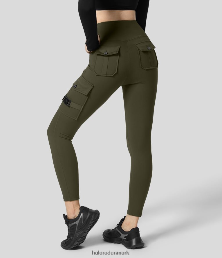 aktivt tøj dk Halara Kvinder højtaljede cargo lomme yoga 7/8 leggings skovnat TH606J259