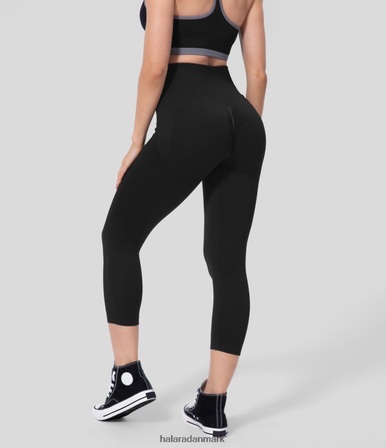 aktivt tøj dk Halara Kvinder sømløst flow højtaljede numseløftende rynkede yoga capri-leggings sort TH606J1456