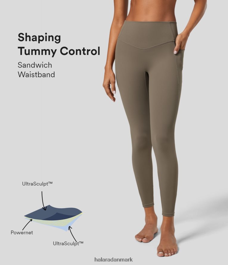 aktivt tøj dk Halara Kvinder socinched højtaljede mavekontrol sidelommeformende træningsleggings daggry brun TH606J1527
