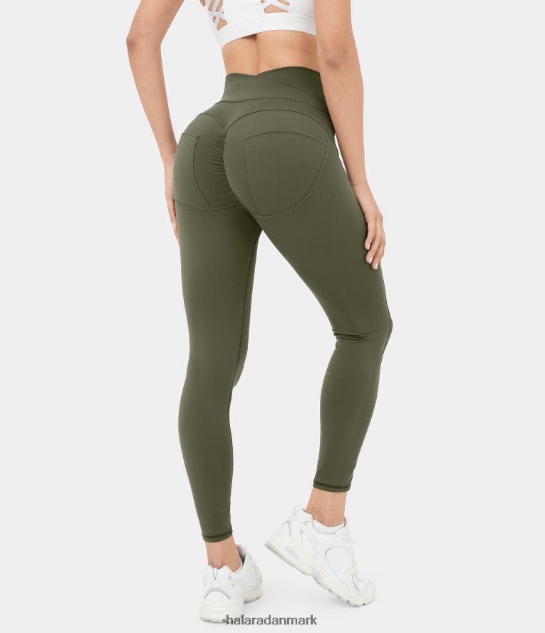 aktivt tøj dk Halara Kvinder softlyzero højtaljede crossover ruched yoga 7/8 leggings græs grågrøn TH606J1488