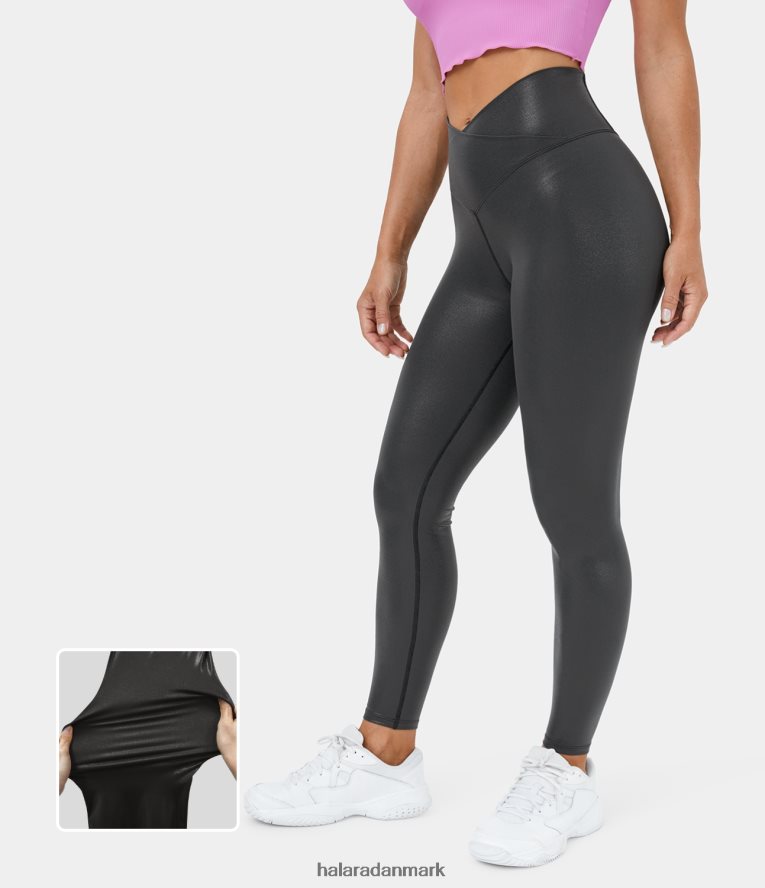 aktivt tøj dk Halara Kvinder softlyzero imiteret læder crossover baglomme folieprint strækbare afslappede leggings skinnende skumringssort TH606J1502