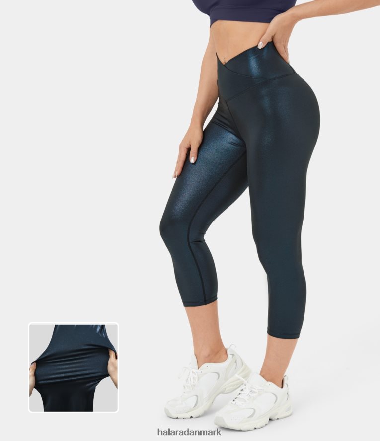aktivt tøj dk Halara Kvinder softlyzero imiteret læder crossover baglomme folieprint strækbare yoga capri leggings skinnende midnatsblå TH606J1515