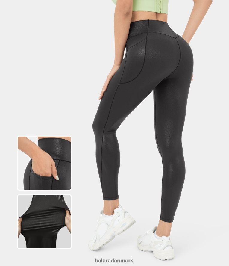aktivt tøj dk Halara Kvinder softlyzero imiteret læder crossover lomme folieprint stretchy afslappet 7/8 leggings skinnende skumringssort TH606J1524