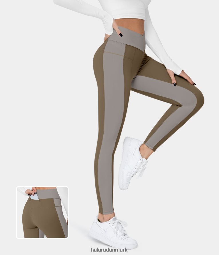 aktivt tøj dk Halara Kvinder softlyzero mellemhøj crossover farveblok bagpå linning lomme 7/8 yoga leggings kastanjebrun TH606J1471
