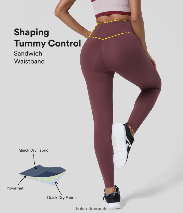 aktivt tøj dk Halara Kvinder speedwave højtaljede sandwich linning mavekontrol hurtigtørrende 7/8 træningsleggings rødbrun banner TH606J1532