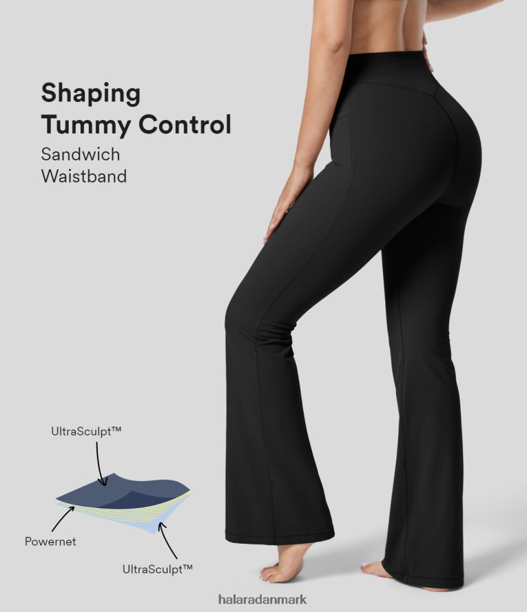 aktivt tøj dk Halara Kvinder ultraskulpturel mellemhøj mavekontrol-sidelomme med flare leggings i fuld længde sort TH606J357