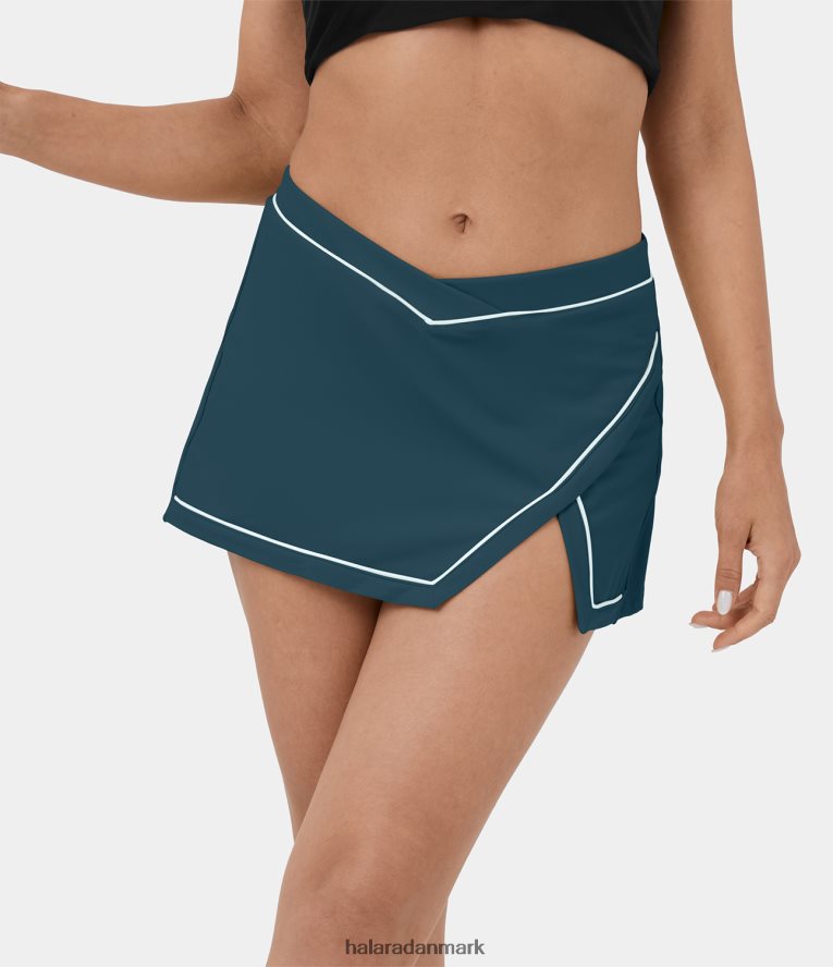 aktivt tøj dk Halara Kvinder softlyzero luftig lav talje crossover v-formet linning kontrast trim 2-i-1 split mini cool touch dans nederdel blæk grøn TH606J615