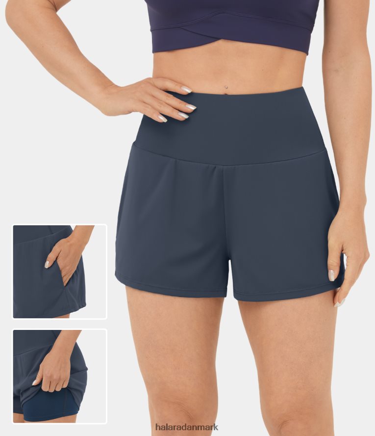 aktivt tøj dk Halara Kvinder højtaljede sidelomme 2-i-1 yogashorts 2,5" tåge grå blå TH606J1273