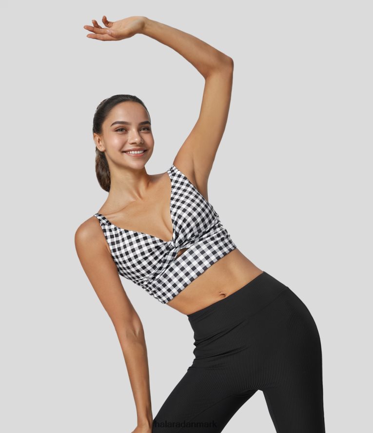 aktivt tøj dk Halara Kvinder lav støtte snoet udskåret vintage plaid yoga sports bh med ryg hvid sort plaid TH606J1601