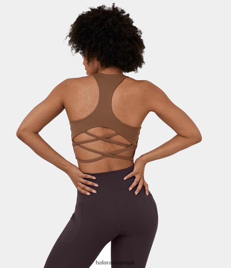 aktivt tøj dk Halara Kvinder lav støtte u-hals rygløs racerback på kryds og tværs yoga sports-bh johannesbrød brun TH606J1597