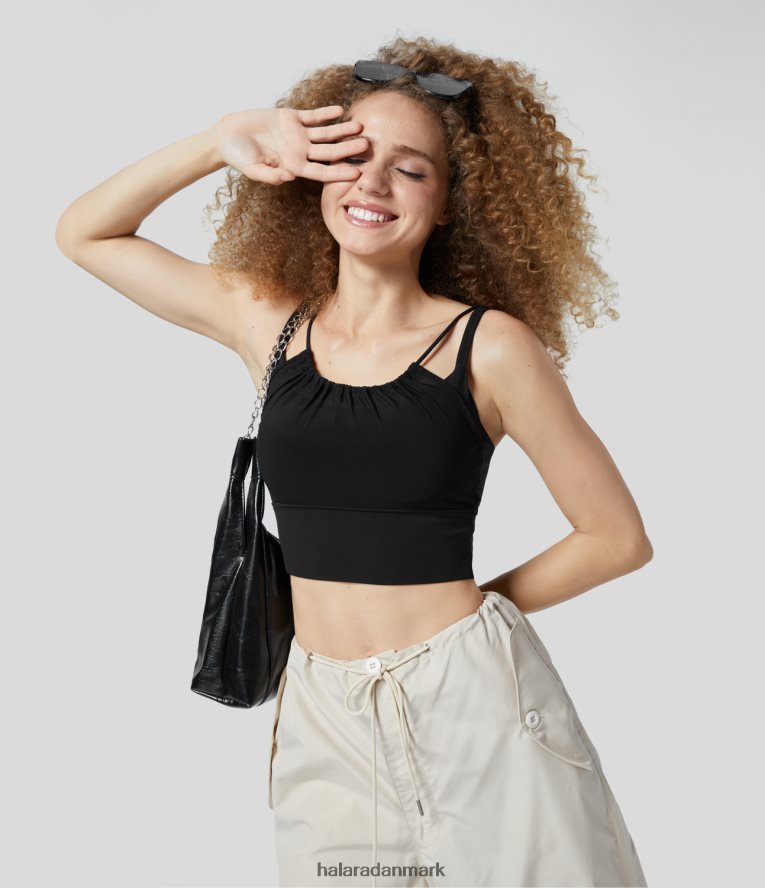 aktivt tøj dk Halara Kvinder lav støttende kontrast mesh plpliceret rygløs yoga sports bh sort TH606J1612