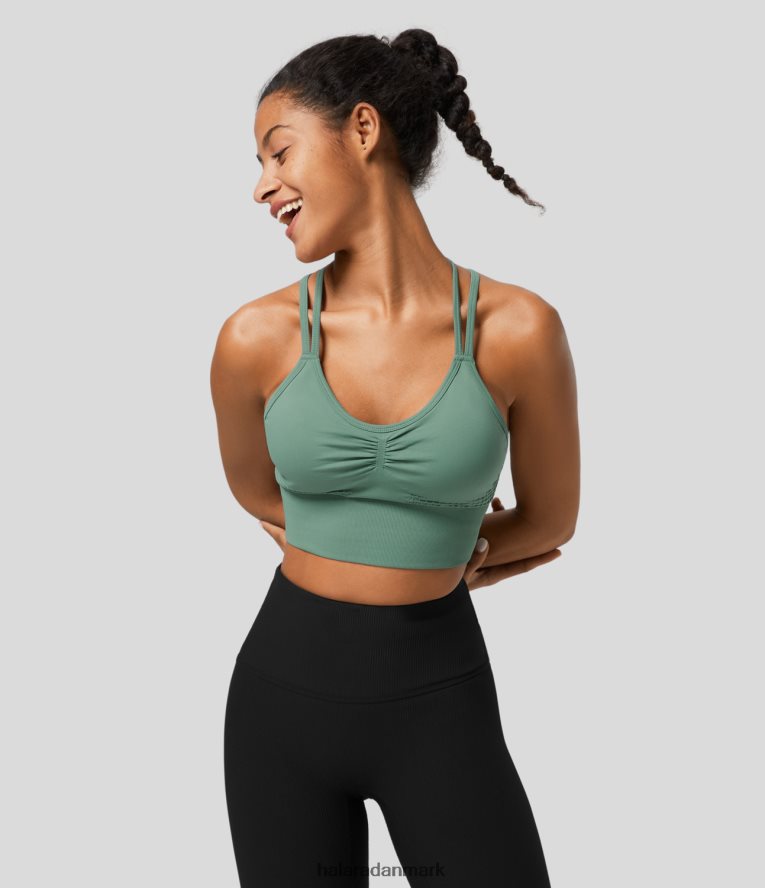 aktivt tøj dk Halara Kvinder sømløs flow lav støtte, rynket dobbeltstropper uden ryg på kryds og tværs sports-bh laks TH606J1576