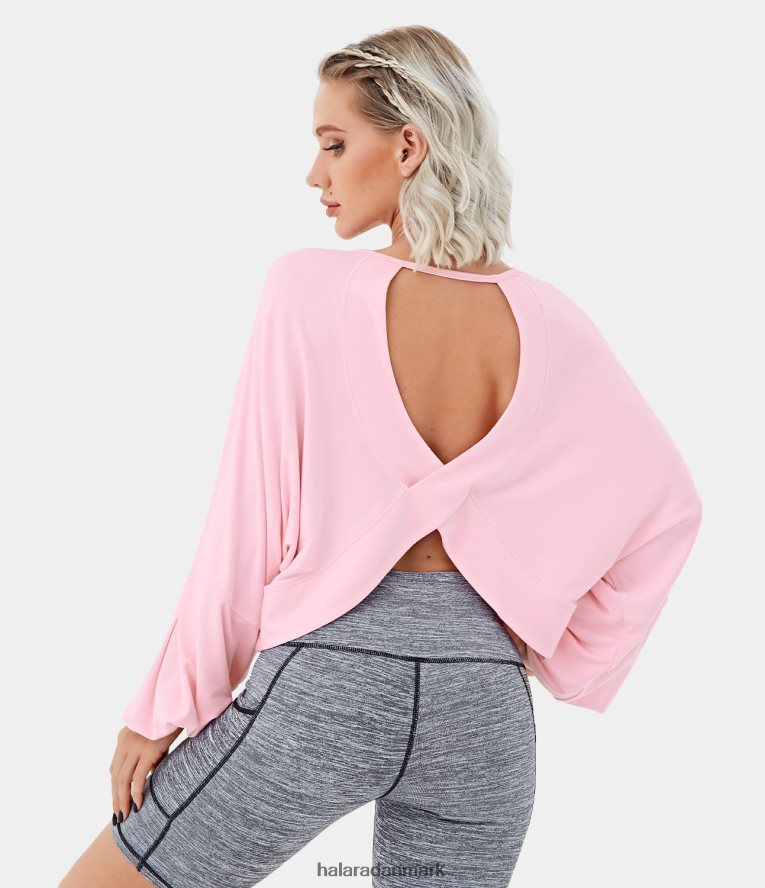 aktivt tøj dk Halara Kvinder langærmet, rygløs udskåret crossover søm afslappet sports sweatshirt knap pink TH606J2008