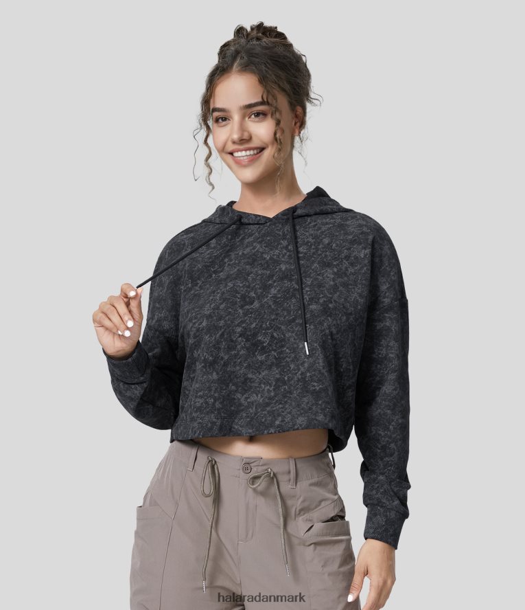 aktivt tøj dk Halara Kvinder snøre med hætte med faldet skulder afkortet vasket afslappet sportssweatshirt i bomuld mørk røg grå TH606J1963