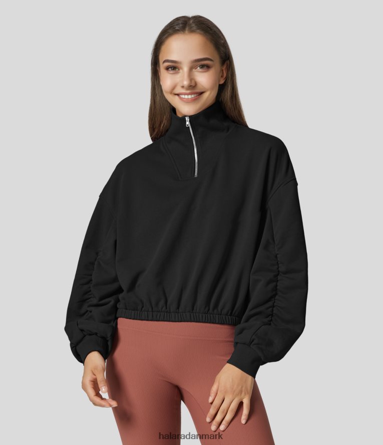 aktivt tøj dk Halara Kvinder tragthals halv lynlås ruched langærmet vandrebomuld sports sweatshirt stjerne synker sort TH606J1990