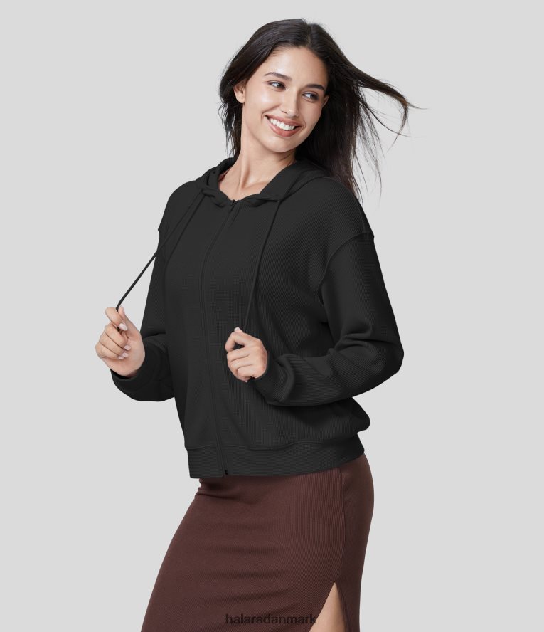 aktivt tøj dk Halara Kvinder vaffel hætte med snøre lynlås afslappet sports sweatshirt i bomuld sort TH606J1992