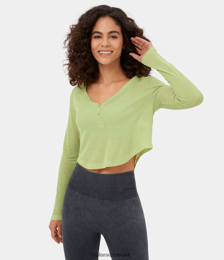 aktivt tøj dk Halara Kvinder V-udskæring med lange ærmer, buet kant, cropped afslappet sportstop siv TH606J1857