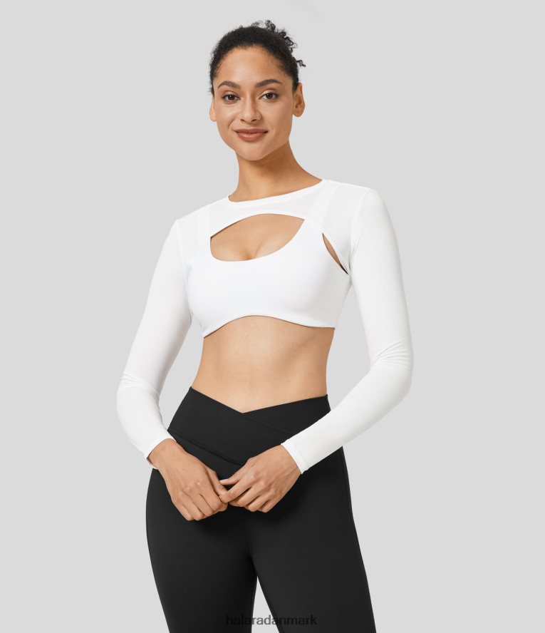 aktivt tøj dk Halara Kvinder crossover cropped tennis skuldertræk sport top-front og bagpå bærbar hvid TH606J1823