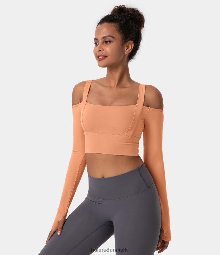 aktivt tøj dk Halara Kvinder firkantet hals, kold skulder tommelfingerhul cropped sportstop abrikos vask TH606J1833