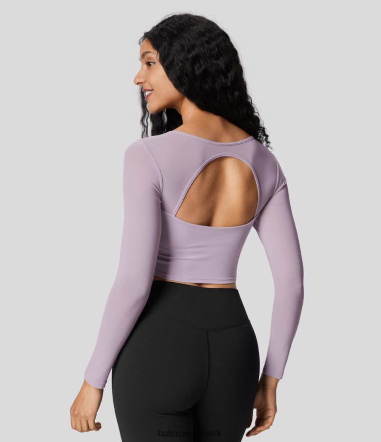 aktivt tøj dk Halara Kvinder firkantet hals langærmet rygfri kontrast mesh buet kant cropped yoga sport top pink lilla TH606J1912