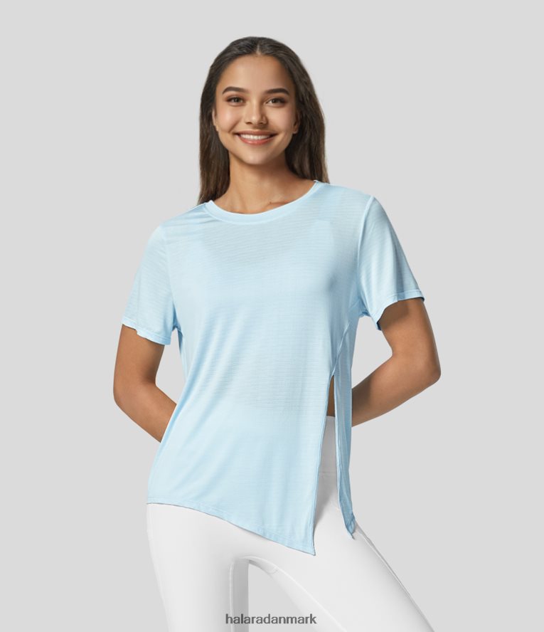 aktivt tøj dk Halara Kvinder gennemsigtig kortærmet asymmetrisk splitsøm jacquard afslappet sportstop saltvandsrutschebane TH606J1840