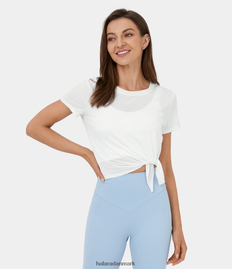 aktivt tøj dk Halara Kvinder gennemsigtig kortærmet asymmetrisk splitsøm jacquard cropped løbesportstop hvid TH606J1798