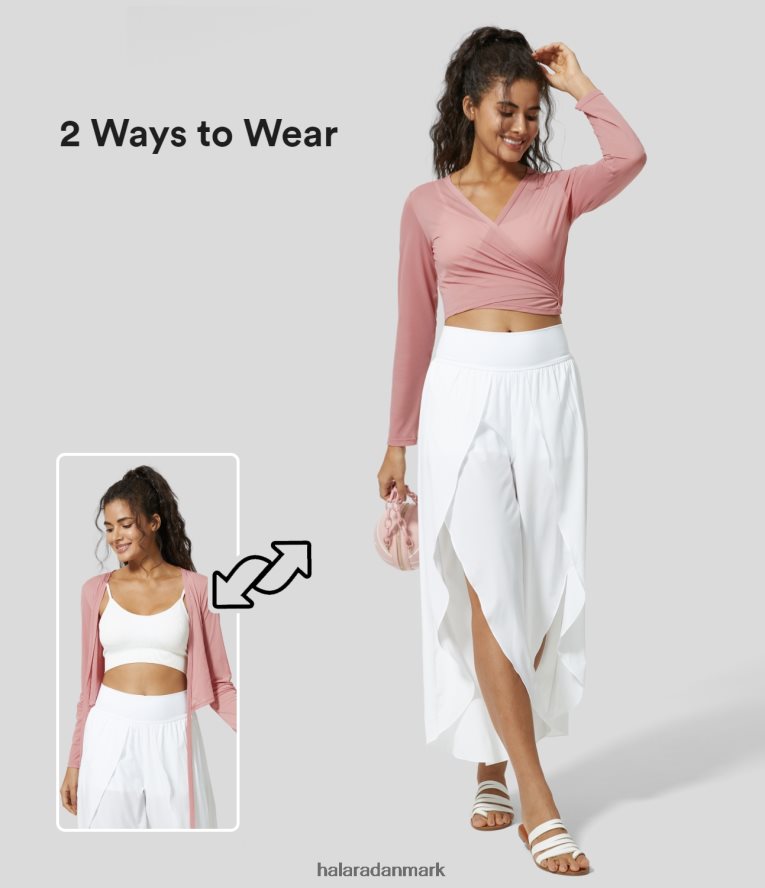 aktivt tøj dk Halara Kvinder gennemsigtig v-udskæring, langærmet, binde tilbage afkortet yoga mesh sportstop blød rose TH606J1925