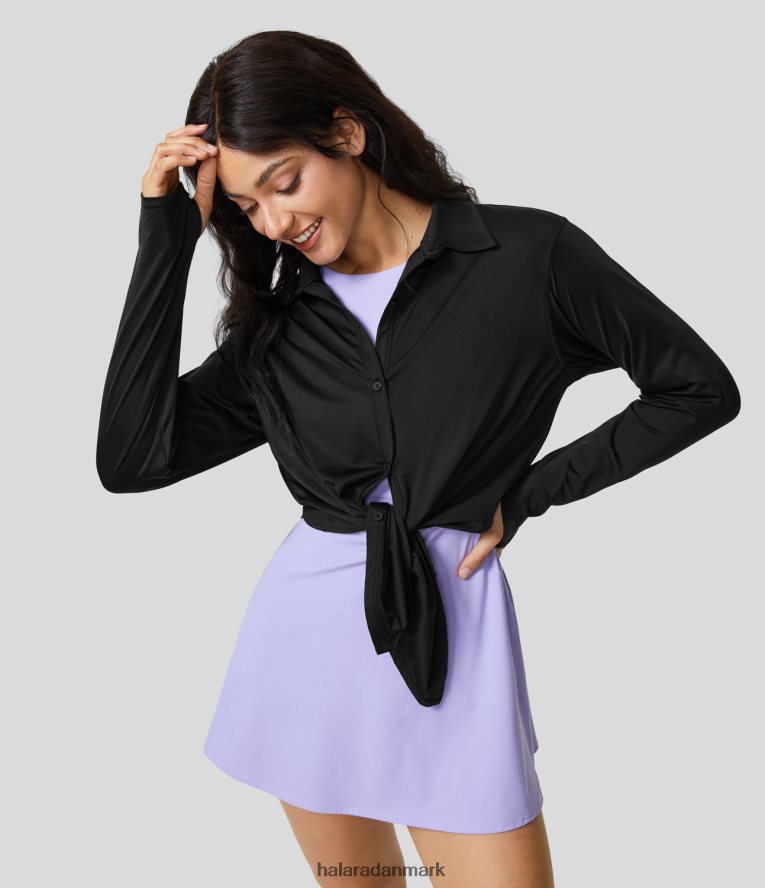 aktivt tøj dk Halara Kvinder knapper med krave til tommelfingerhul cool touch afslappet sportstop sort TH606J1880