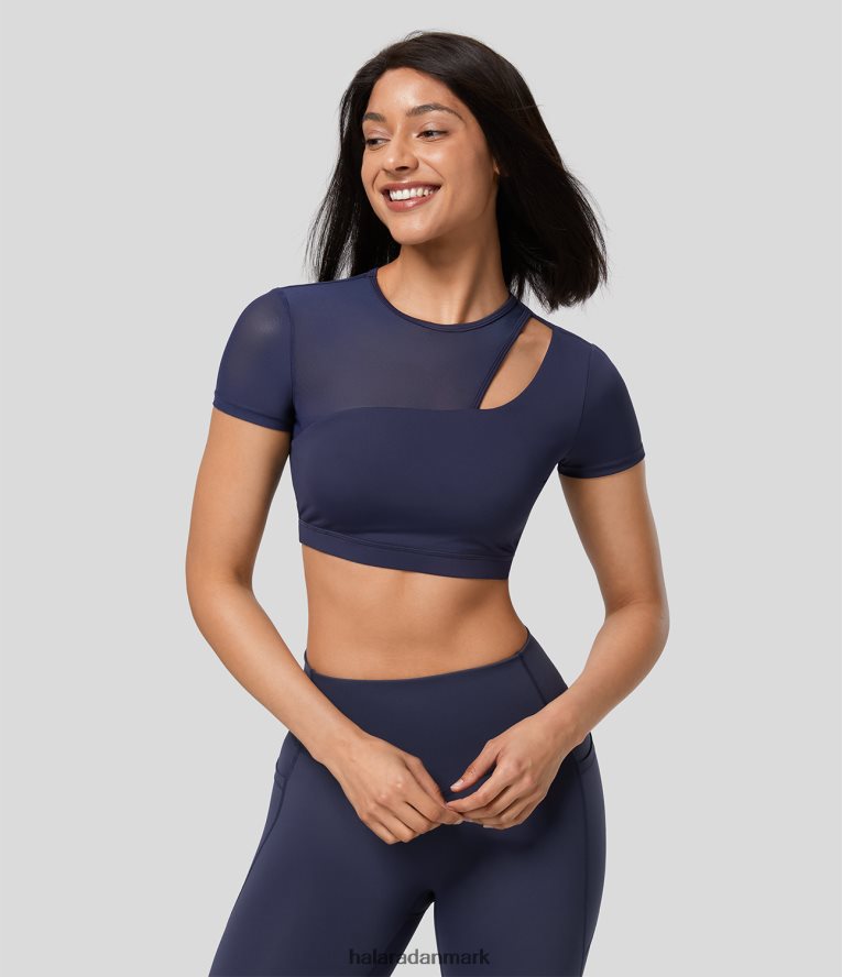 aktivt tøj dk Halara Kvinder kontrast mesh udskårne korte ærmer hurtigtørrende cropped workout sport top daggry lilla TH606J1843