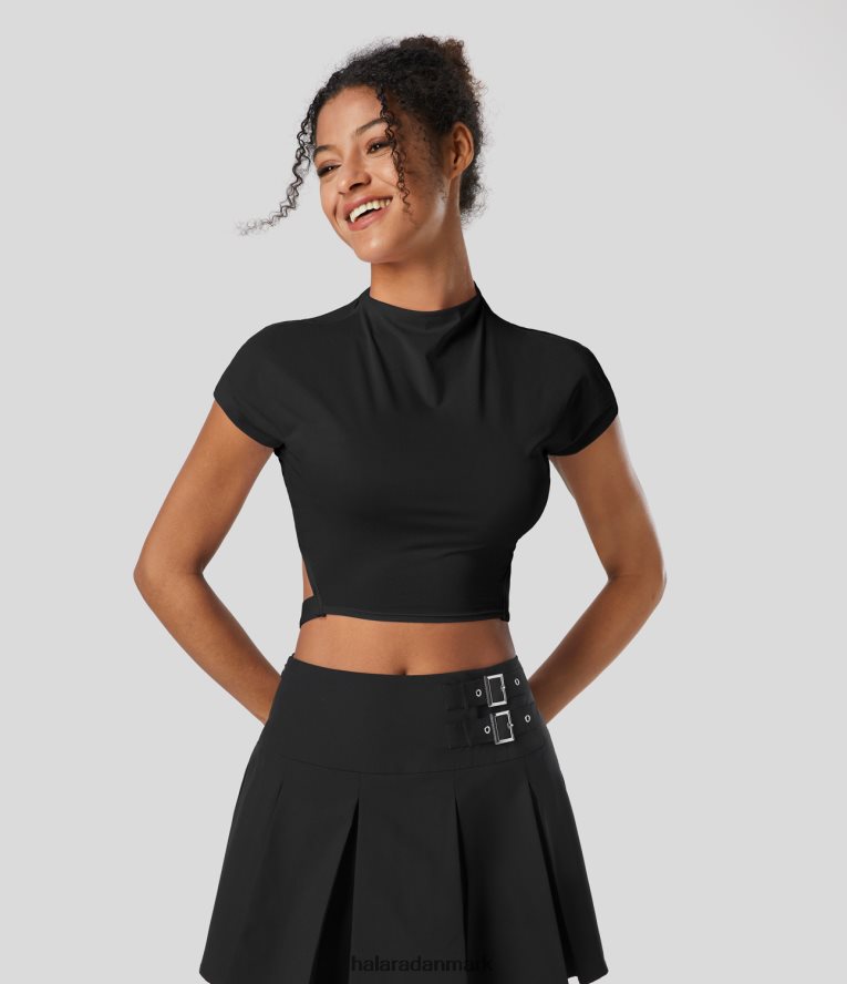 aktivt tøj dk Halara Kvinder kortærmet justerbar spænde afkortet hurtigtørrende dansesportstop sort TH606J1826