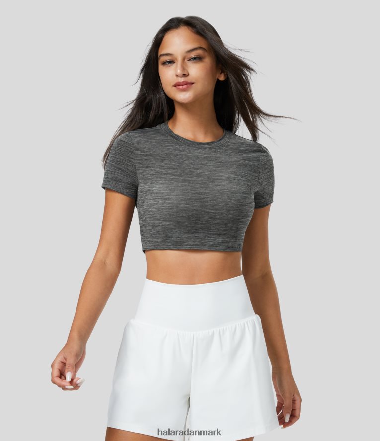 aktivt tøj dk Halara Kvinder kortærmet rund halsudskæring uden ryg, cropped løbesportstop dyb grå tekstur TH606J1882
