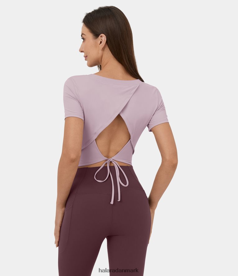 aktivt tøj dk Halara Kvinder kortærmet, rygløs cut-out tie back cropped yoga sport top pink lilla TH606J1921