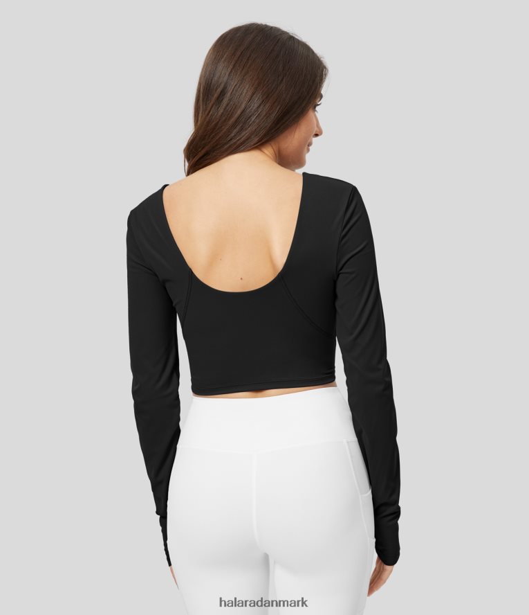 aktivt tøj dk Halara Kvinder polstret v-hals, rygløst tommelfingerhul cropped yoga sportstop sort TH606J1846