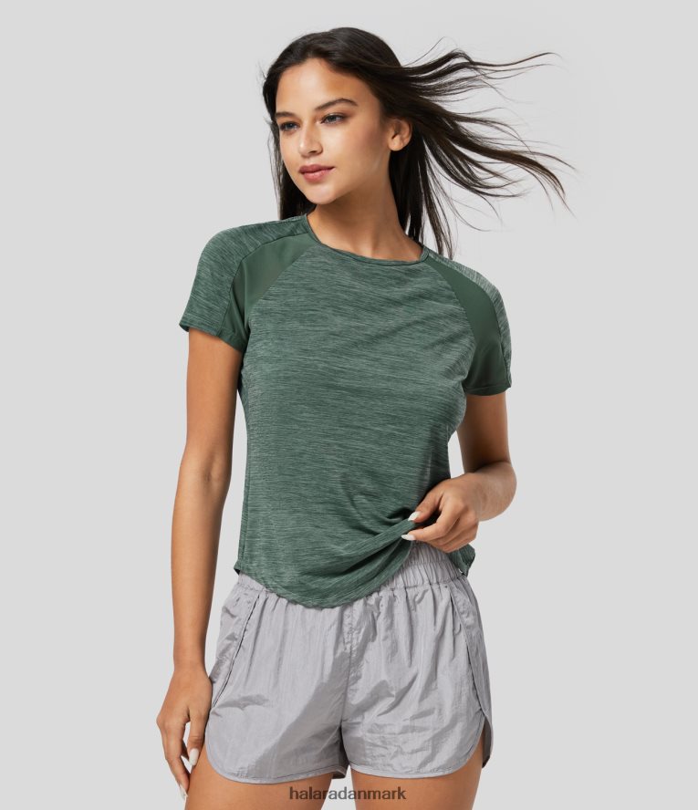 aktivt tøj dk Halara Kvinder raglanærmer kontrast-mesh buet kant trænings-sportstop grøn tekstur TH606J1821