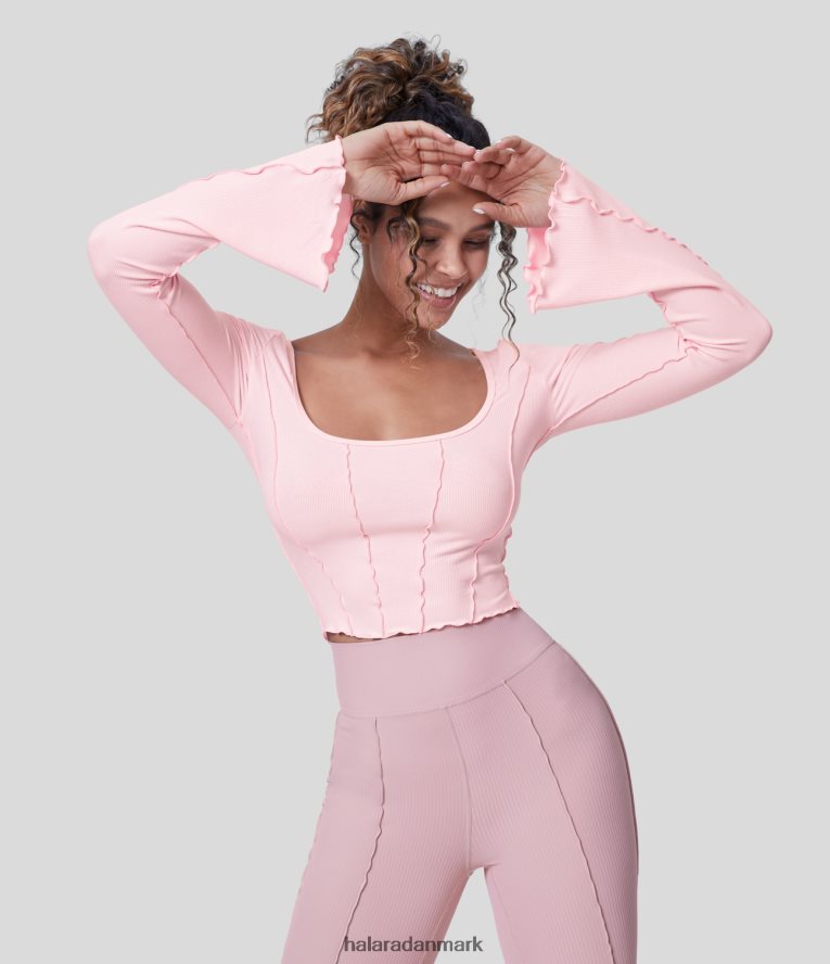 aktivt tøj dk Halara Kvinder ribstrikket firkantet hals let flare langærmet salatkant korset cropped dans sport top rose dis pink TH606J1839