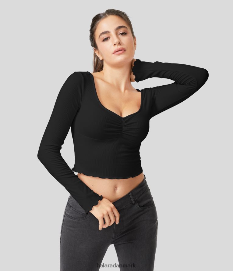 aktivt tøj dk Halara Kvinder ribstrikket flæse rynket langærmet cropped casual sports top sort TH606J1909