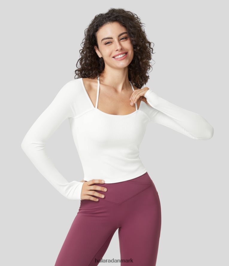 aktivt tøj dk Halara Kvinder ribstrikket grimestrop til tommelfingerhul yoga sportstop hvid TH606J1845