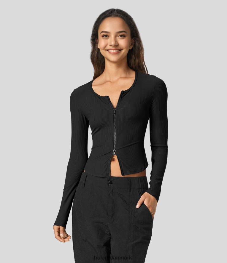 aktivt tøj dk Halara Kvinder ribstrikket rund hals 2-vejs lynlås langærmet yoga sport top sort TH606J1874