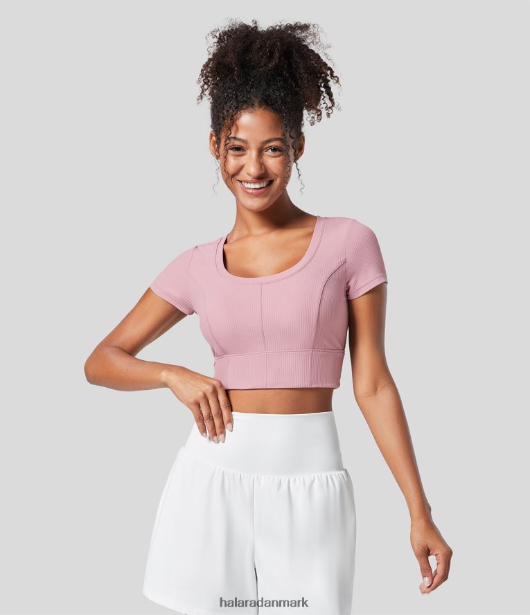 aktivt tøj dk Halara Kvinder ribstrikket u-hals kortærmet cropped casual sports top bleget lilla TH606J1893