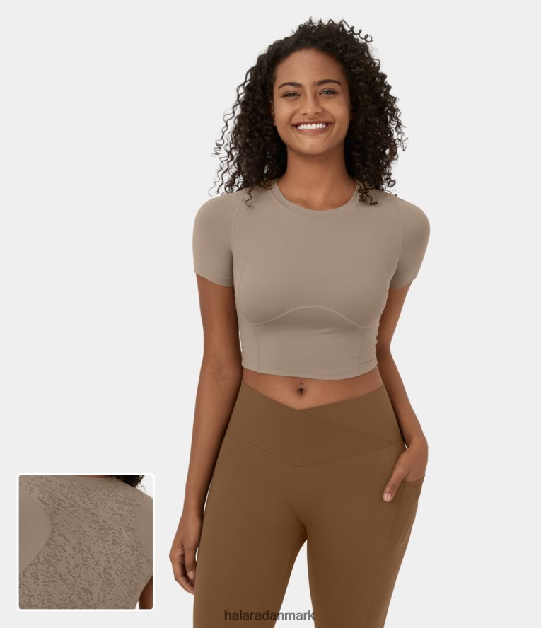 aktivt tøj dk Halara Kvinder rund hals, kortærmet jacquard cropped yoga sport top mandel TH606J1889