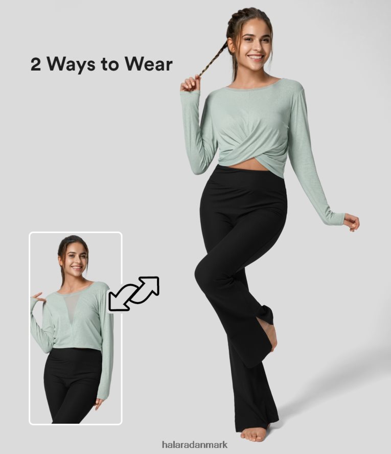 aktivt tøj dk Halara Kvinder rund hals langærmet kontrast mesh crossover søm solid yoga sport top surf spray TH606J1829