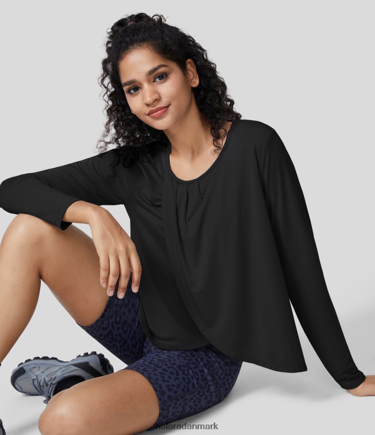 aktivt tøj dk Halara Kvinder rund hals pletkrydset langærmet crossover søm draperet yoga sport top sort TH606J1872