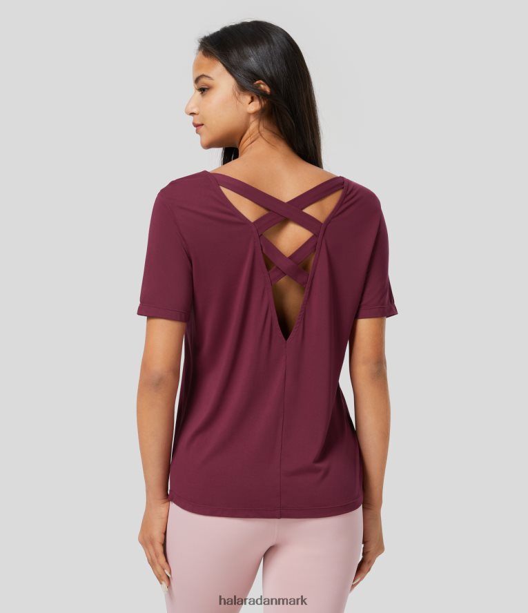 aktivt tøj dk Halara Kvinder rygløs på kryds og tværs udskåret kortærmet yoga-sportstop rhododendron TH606J1810