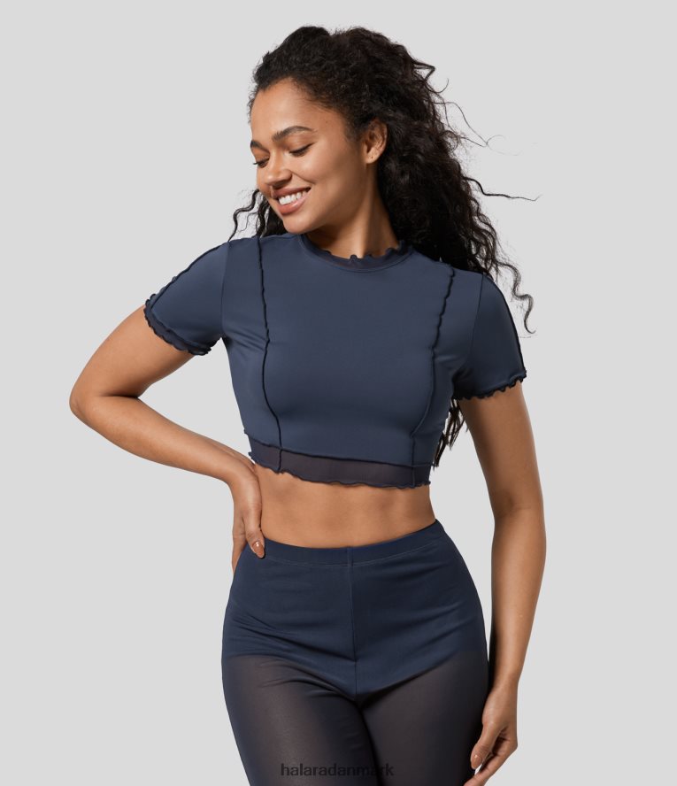 aktivt tøj dk Halara Kvinder salat trim kontrast mesh skinny cropped danse sport top humør indigo TH606J1831