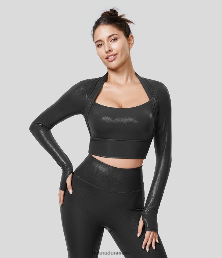 aktivt tøj dk Halara Kvinder softlyzero imiteret læder lange ærmer tommelfinger hul cropped folie print stretchy fest sport top original TH606J1544