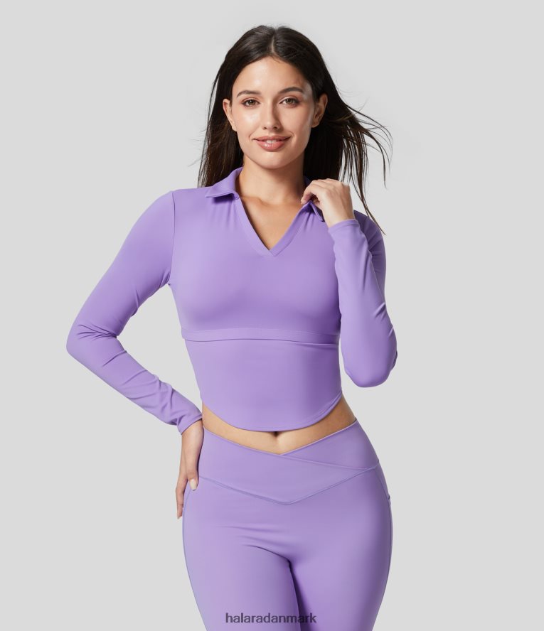 aktivt tøj dk Halara Kvinder softlyzero luftig krave v-udskæring buet kant slim cropped cool touch yoga sport top iris blomst lilla TH606J1814